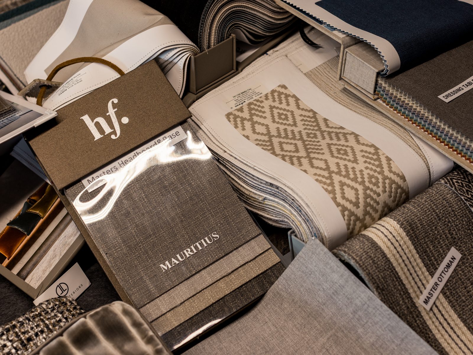Fabric samples and swatch books at the OLALA Interiors design studio in Ballito